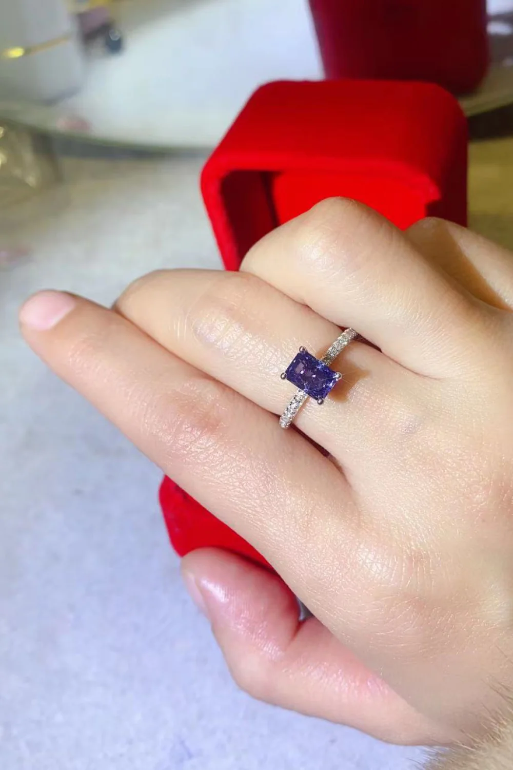 1 Carat Moissanite 925 Sterling Silver Rectangle Ring in Blue - Image 4