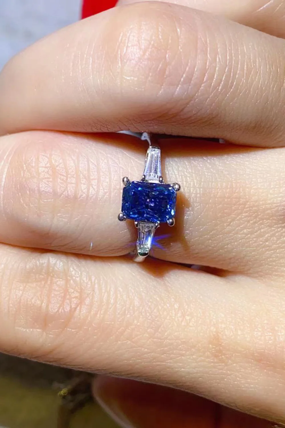 1 Carat Moissanite Platinum-Plated Rectangle Ring in Blue - Image 3