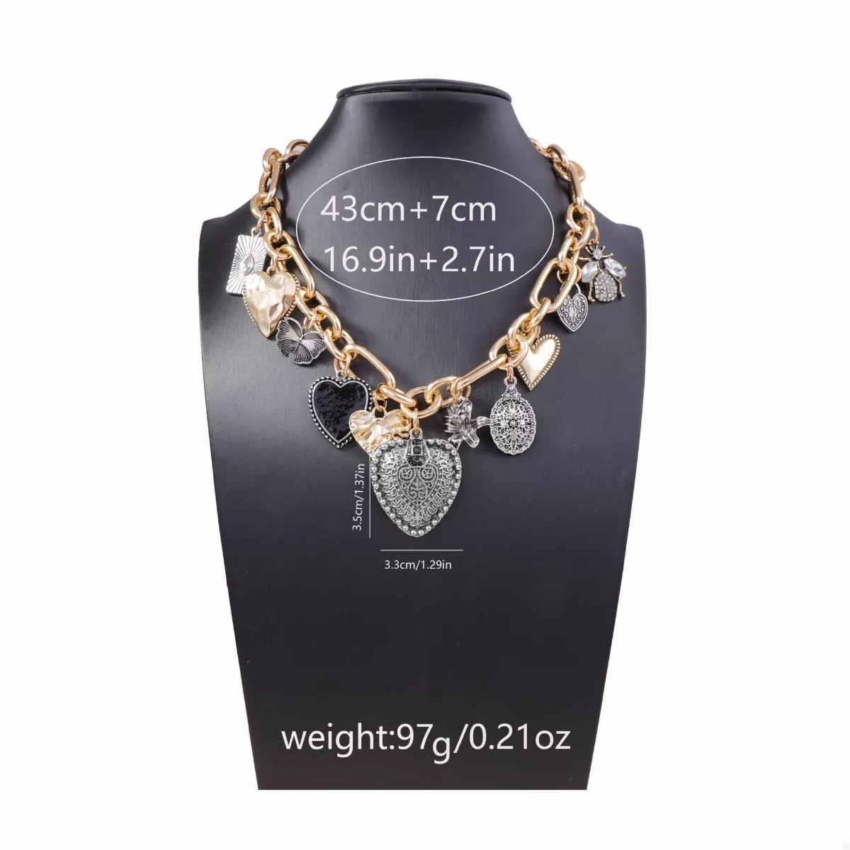 18K Gold-Plated Alloy Heart Charm Chain Statement Necklace - Image 4