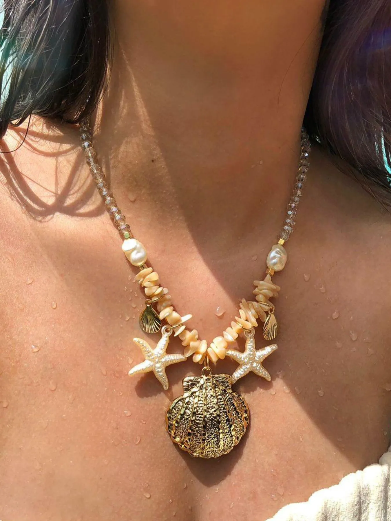 18K Gold-Plated Beach Shell Starfish Pendant Necklace - Image 2