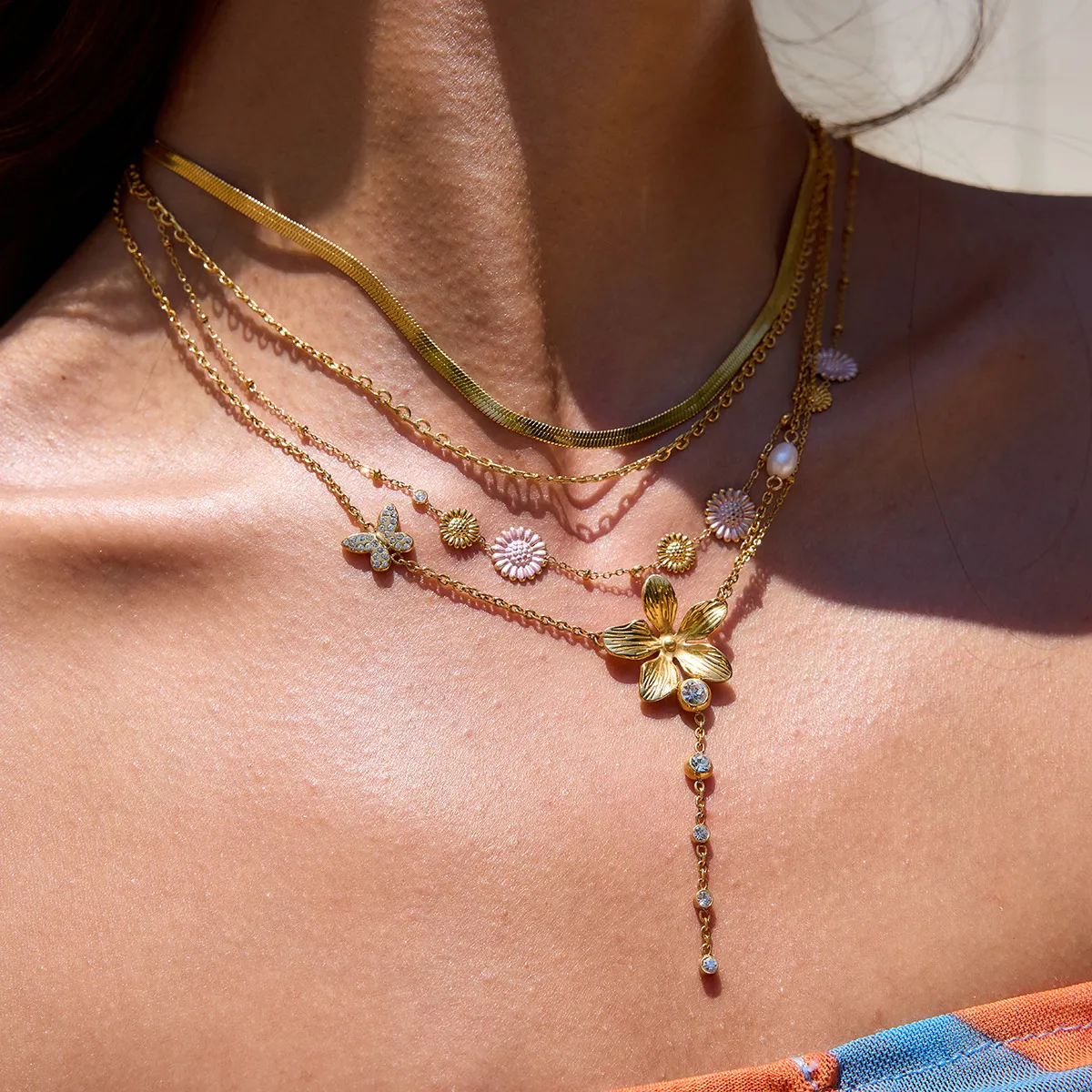 3-Piece 18K Gold-Plated Stainless Steel Flower Necklace - Image 2