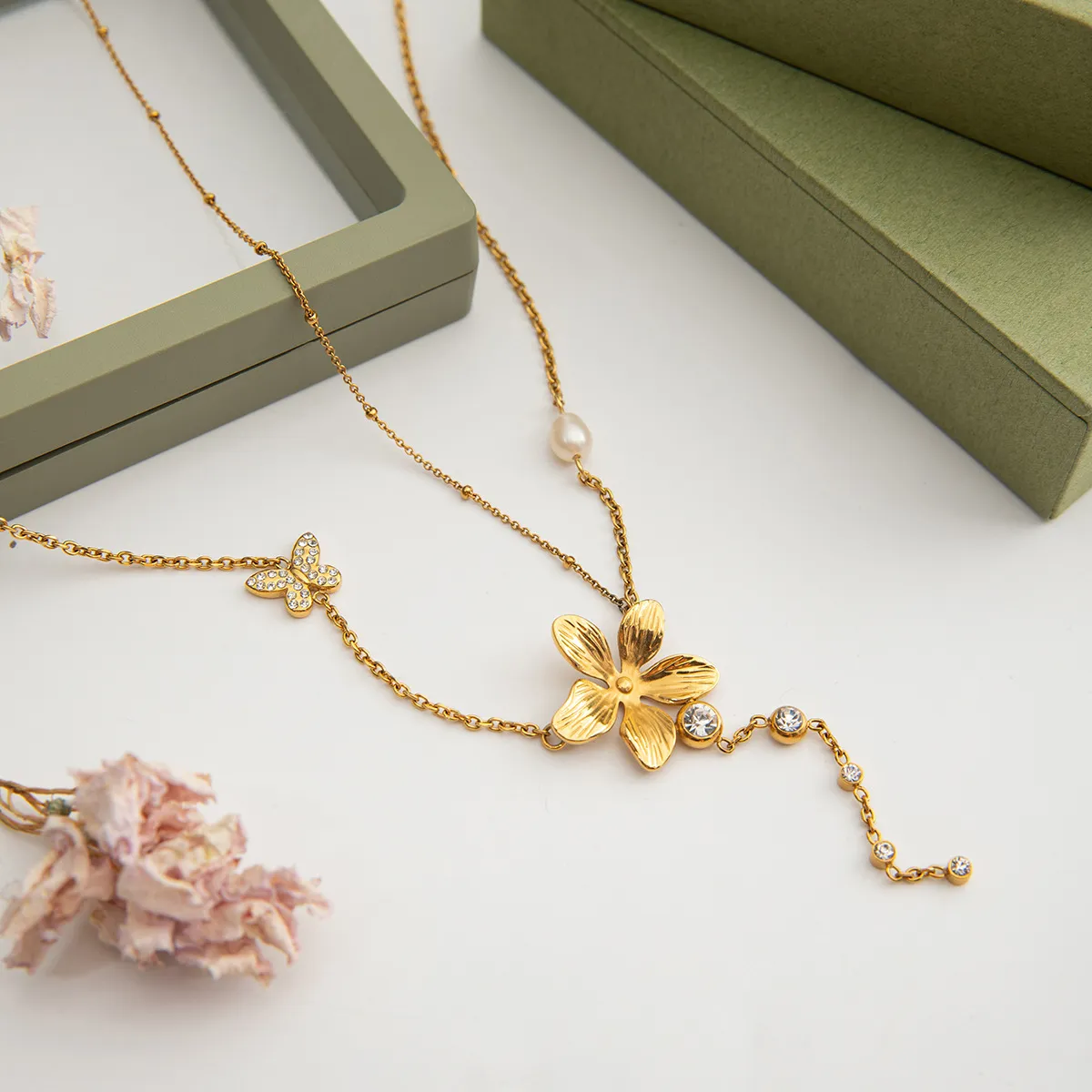 3-Piece 18K Gold-Plated Stainless Steel Flower Necklace - Image 8