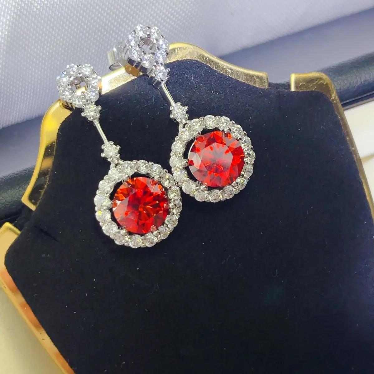 4 Carat Ruby Red Crystal Drop Earrings with Rhinestone Halo - Image 5