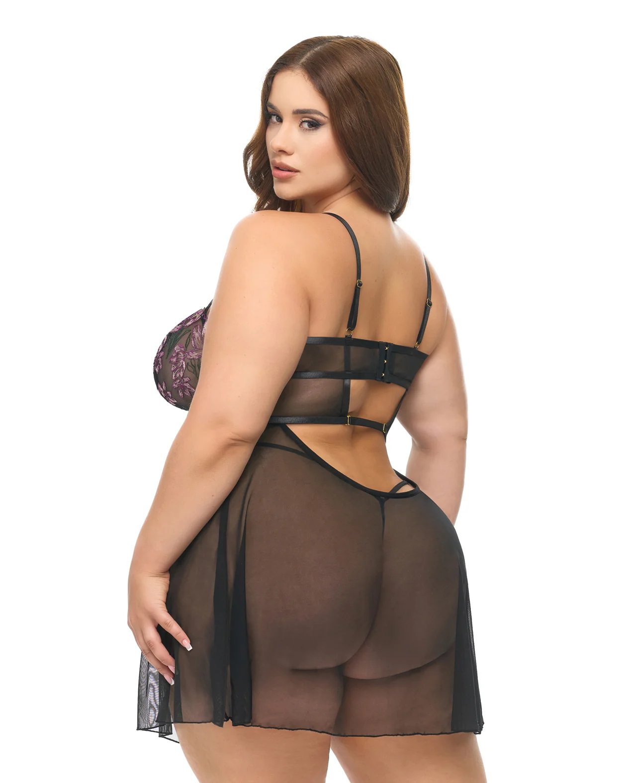Adela Embroidered Boned Lace and Mesh Babydoll w/G-String 2 pc Set - Black/Pink 1X - Image 2