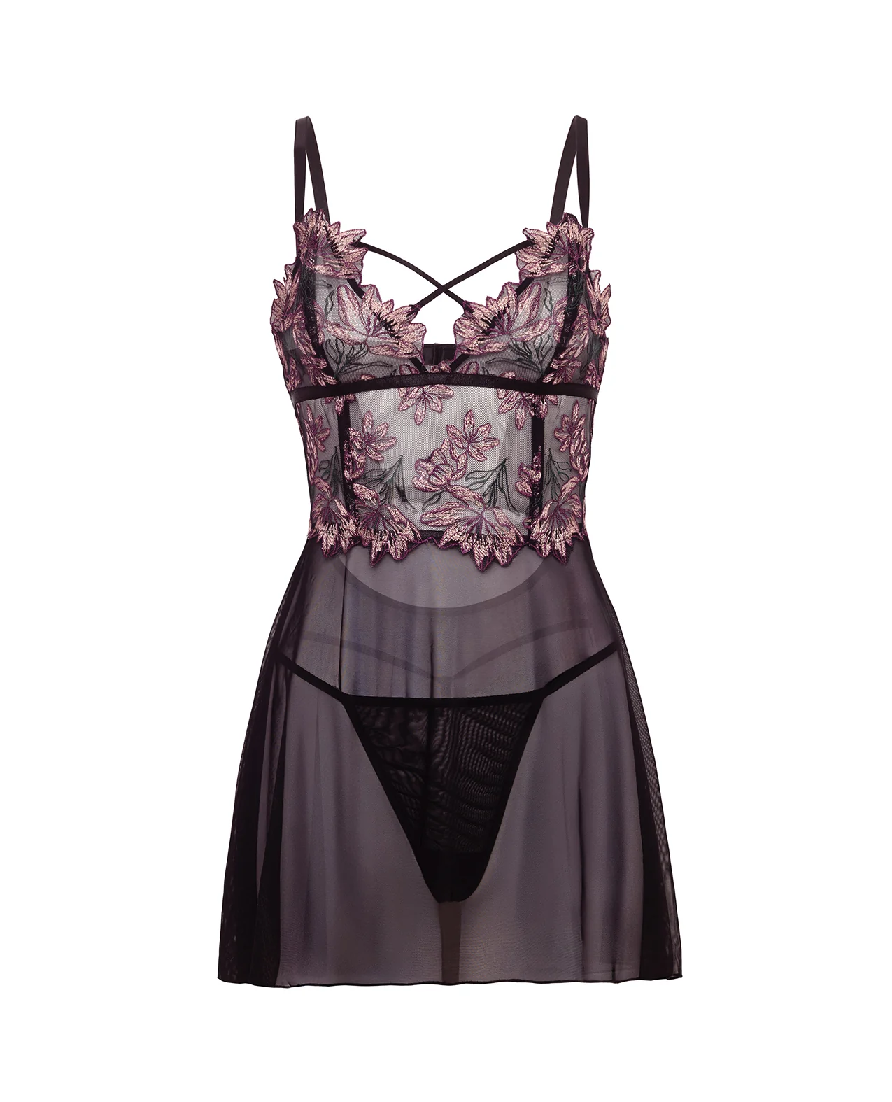 Adela Embroidered Boned Lace and Mesh Babydoll w/G-String 2 pc Set - Black/Pink LG - Image 5