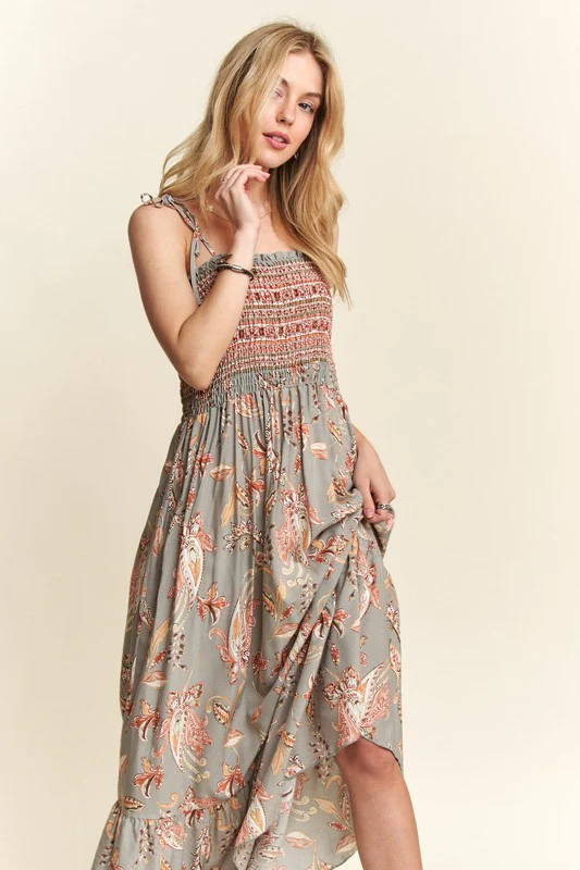 ADORA Smocked Printed Square Neck Tie Shoulder Cami Dress - Image 5