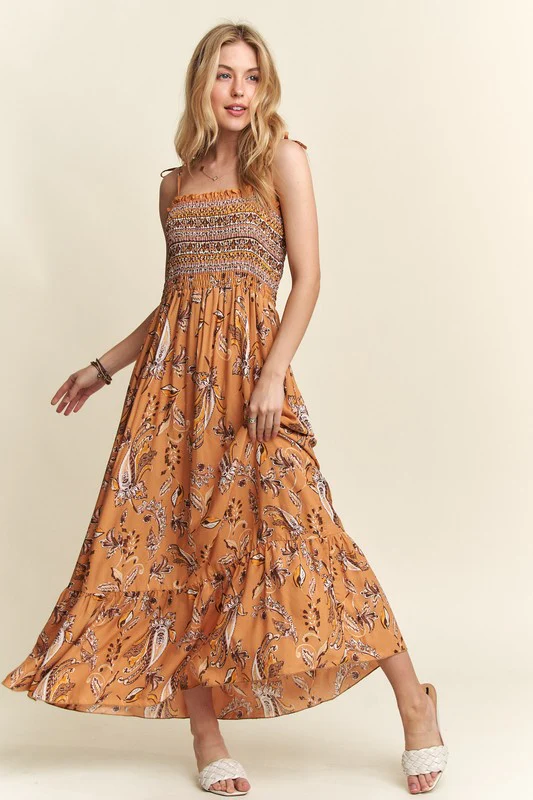 ADORA Smocked Printed Square Neck Tie Shoulder Cami Dress - Image 3