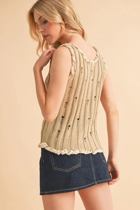 Aemi+Co Distressed Detail Round Neck Knit Tank - Image 2