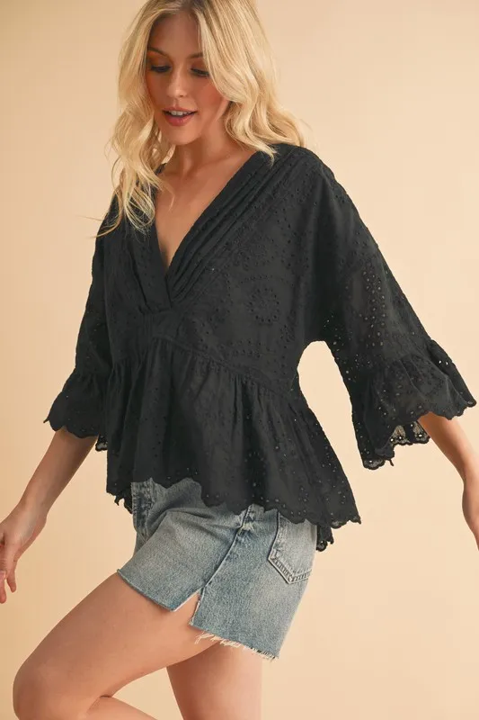 Aemi+Co Flounce Sleeve Eyelet Peplum Top - Image 2