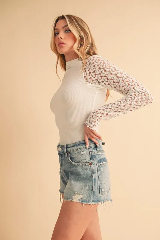 Aemi + Co Mock Neck Lace Long Sleeve Knit Top - Image 3