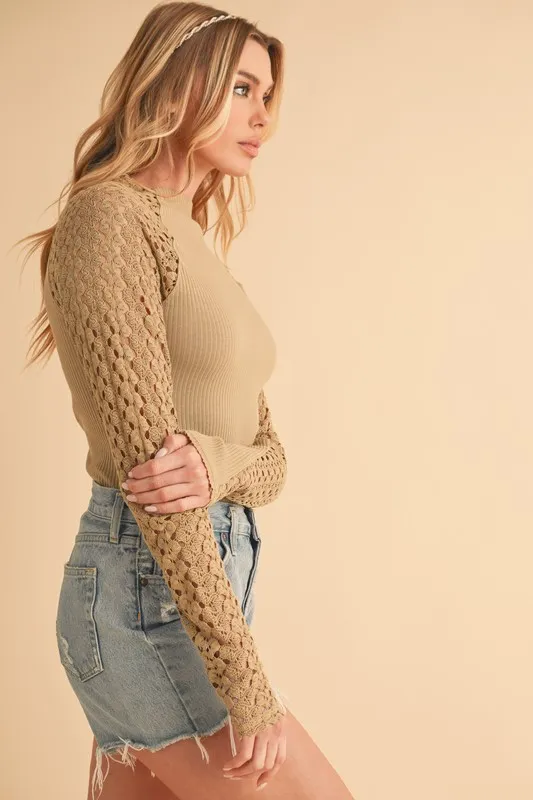 Aemi+Co Mock Neck Ribbed Knit Top with Crochet Sleeve - Image 5
