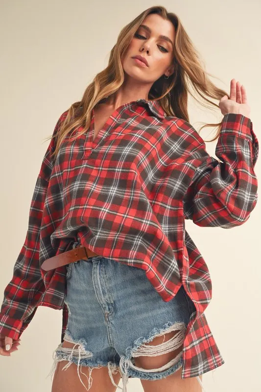 Aemi + Co Side Slit High-Low Plaid Long Sleeve Polo Shirt - Image 2