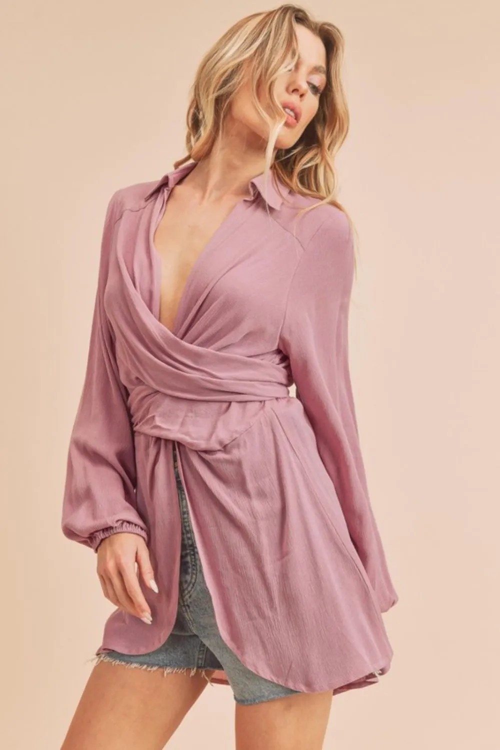 Aemi + Co Tied Collared Neck Long Sleeve Top - Image 2