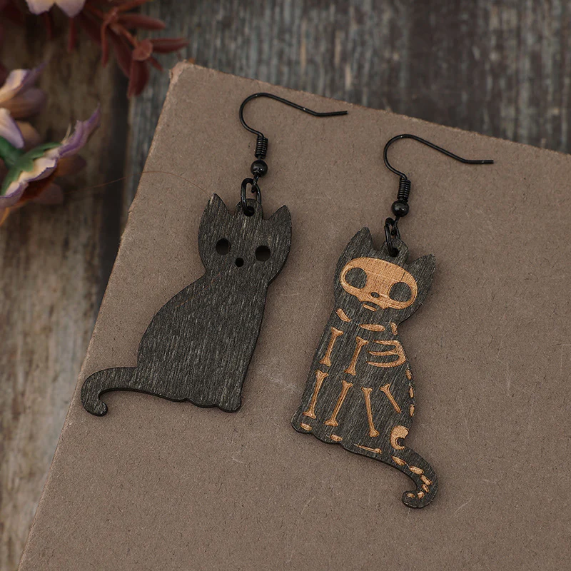 Alloy Hook Wooden Cat Earrings - Image 3