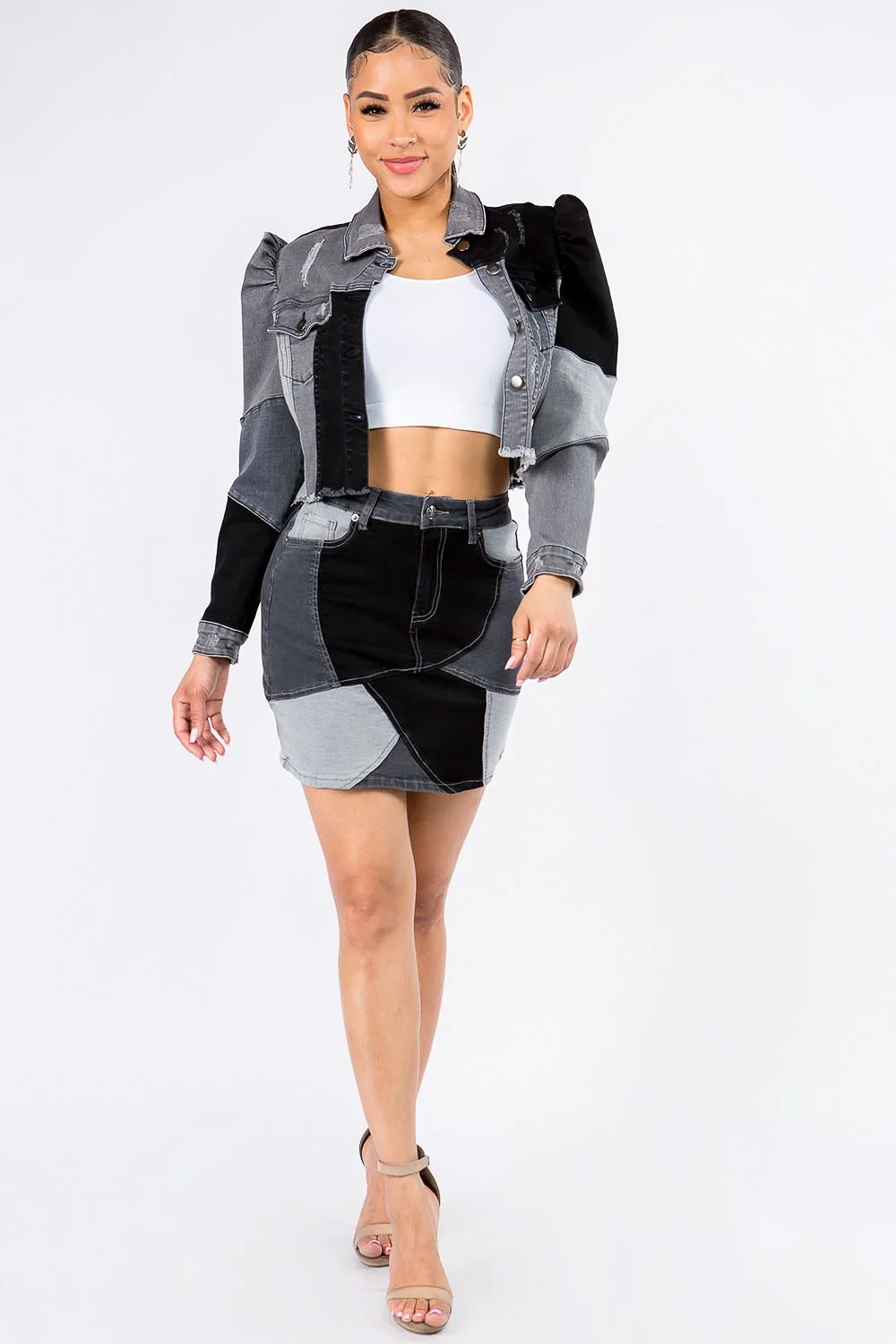 American Bazi Button Up Cropped Patchwork Denim Jacket - Image 4