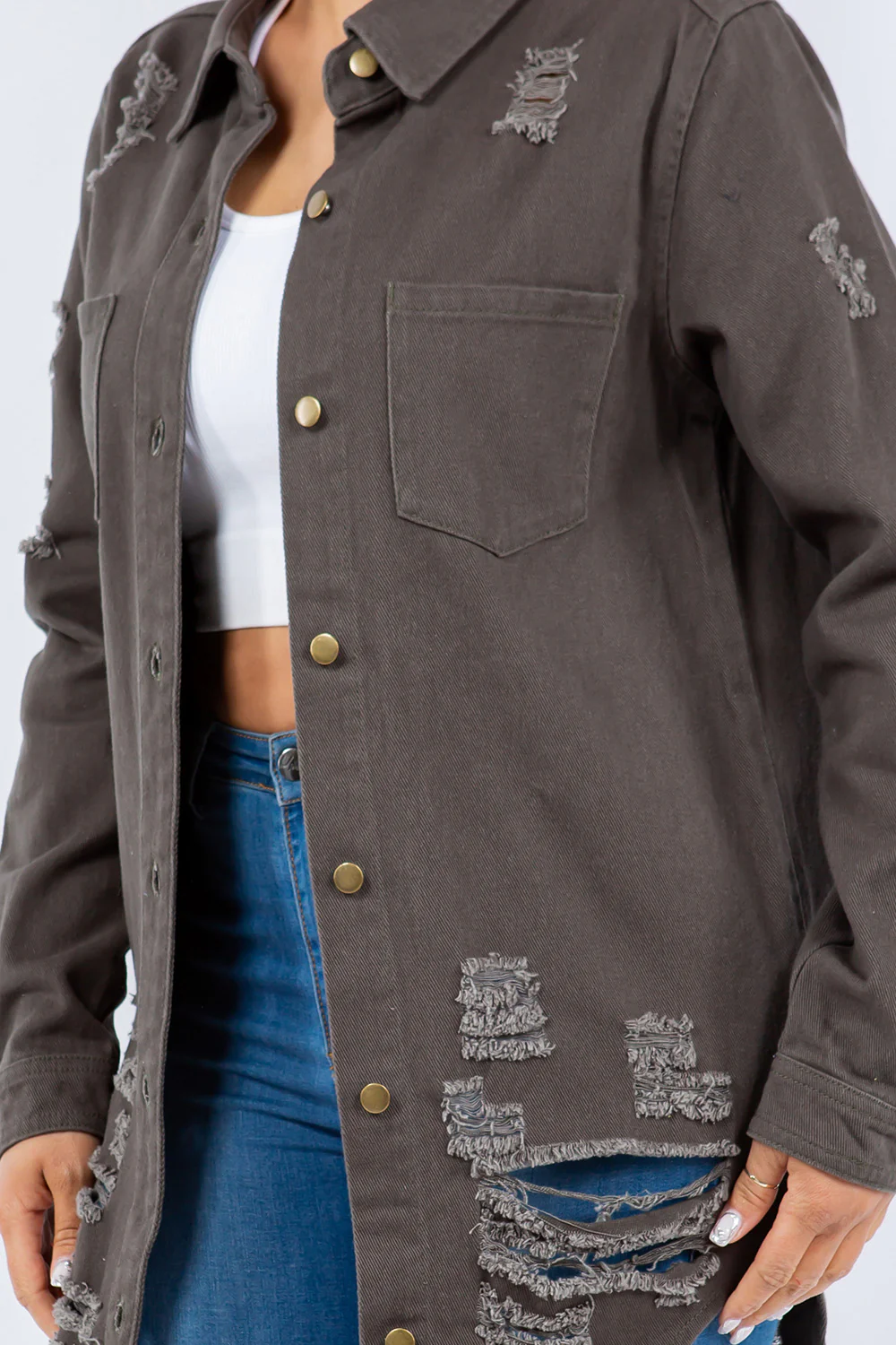 American Bazi Distressed Button Up Long Sleeve Denim Jacket - Image 5