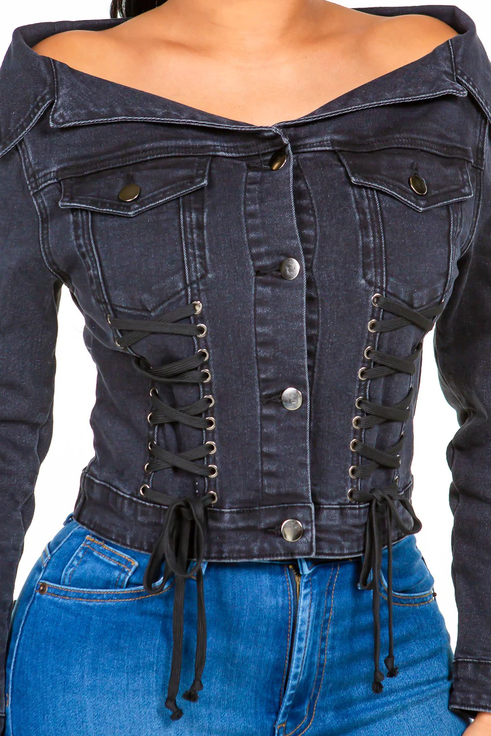 American Bazi Off Shoulder Lace Up Denim Jacket - Image 5