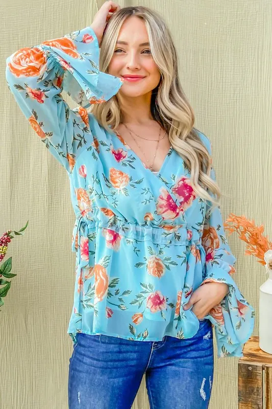 And The Why Floral Print Draw String Bell Sleeve Top - Image 4