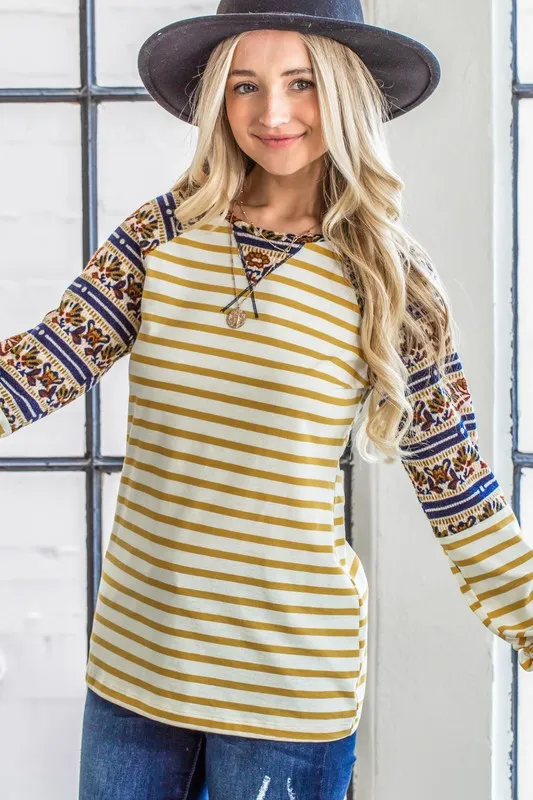 And The Why Stripe Ethnic Print Raglan Top - Image 4