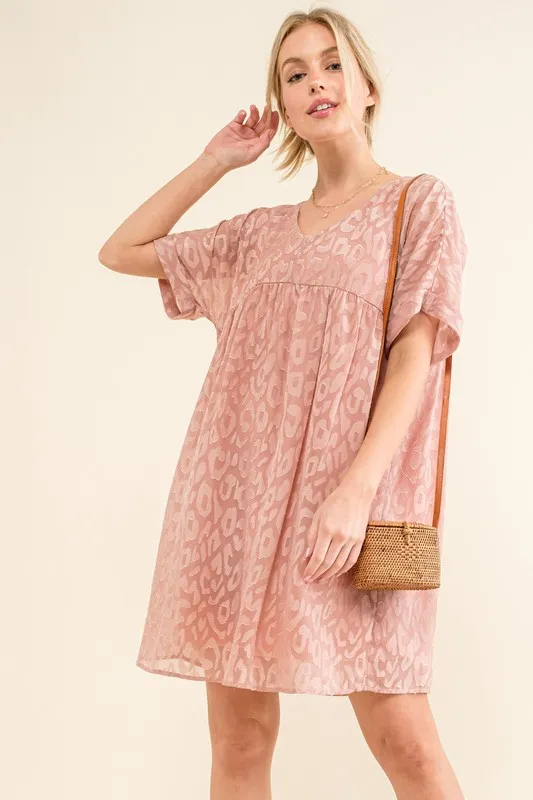 And The Why Woven Leopard Baby Doll Roll-Sleeve Casual Dress