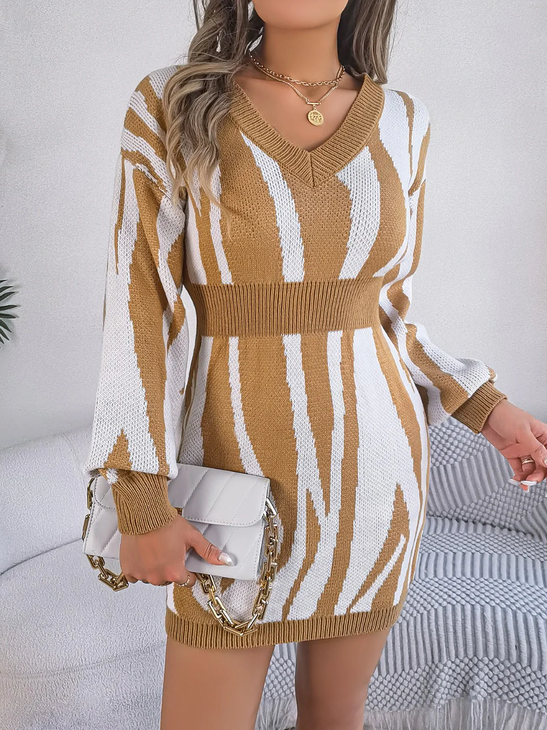 Animal Print V-Neck Long Sleeve Sweater Dress - Image 7