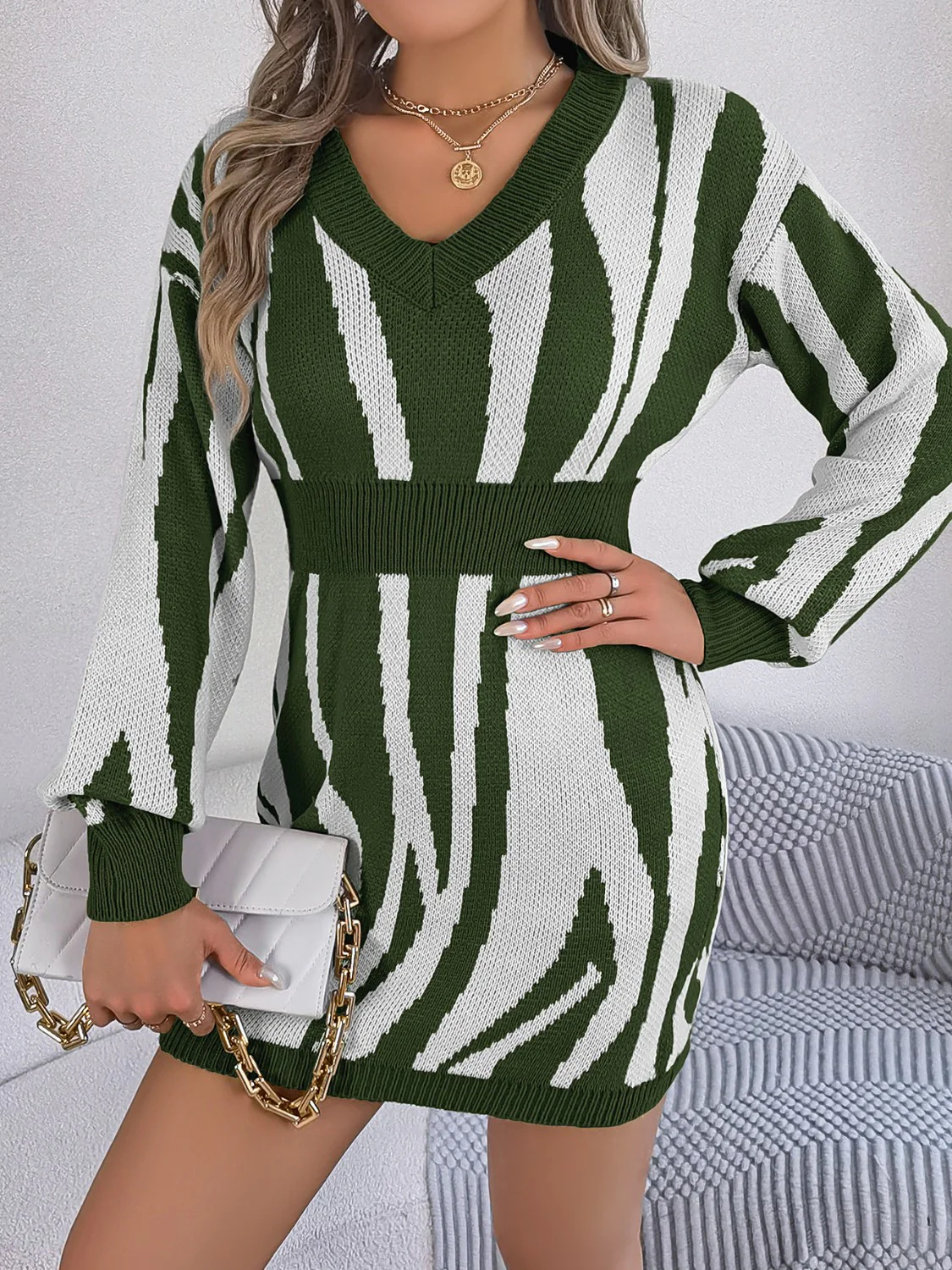 Animal Print V-Neck Long Sleeve Sweater Dress - Image 9