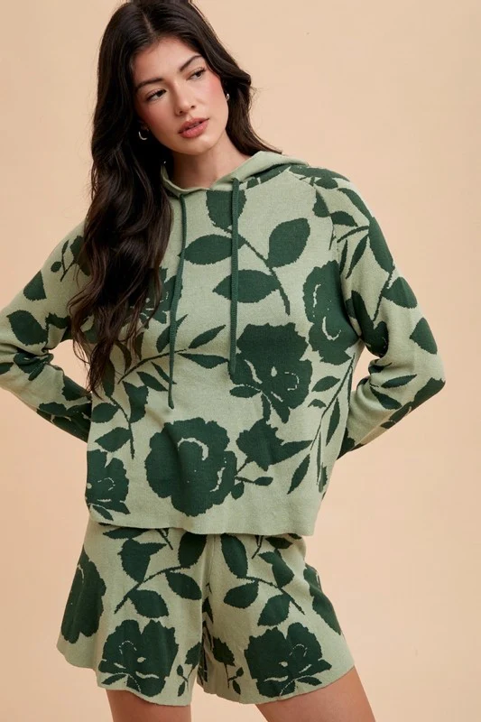 Annie Wear Flower Pattern Drawstring Hooded Top and Shorts Sweater Set - Image 4