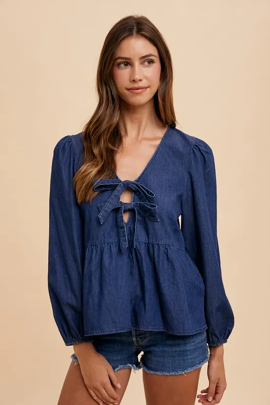 Annie Wear Tie Front Peplum Long Sleeve Denim Top - Image 4