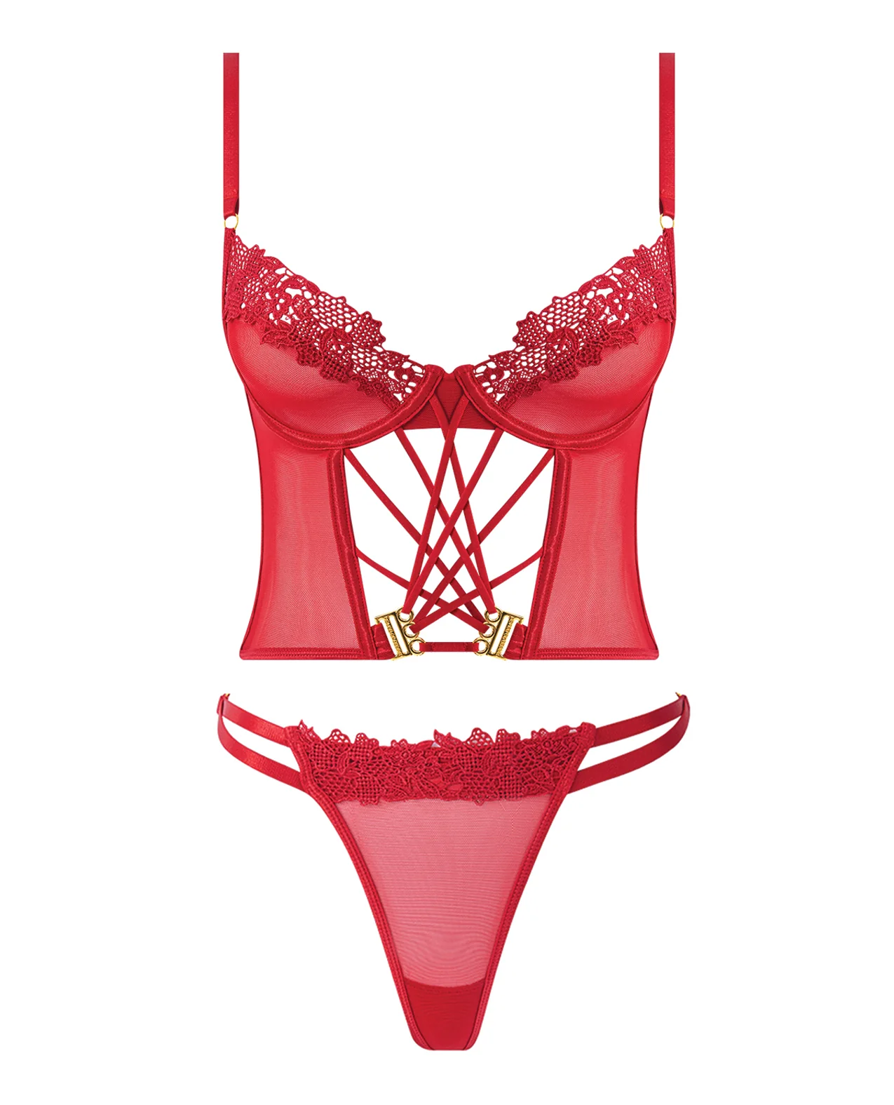 Ashley Alexiss Bustier w/Front Lace Up Ribbon Details & Matching High Cut Thong - Red LG - Image 5