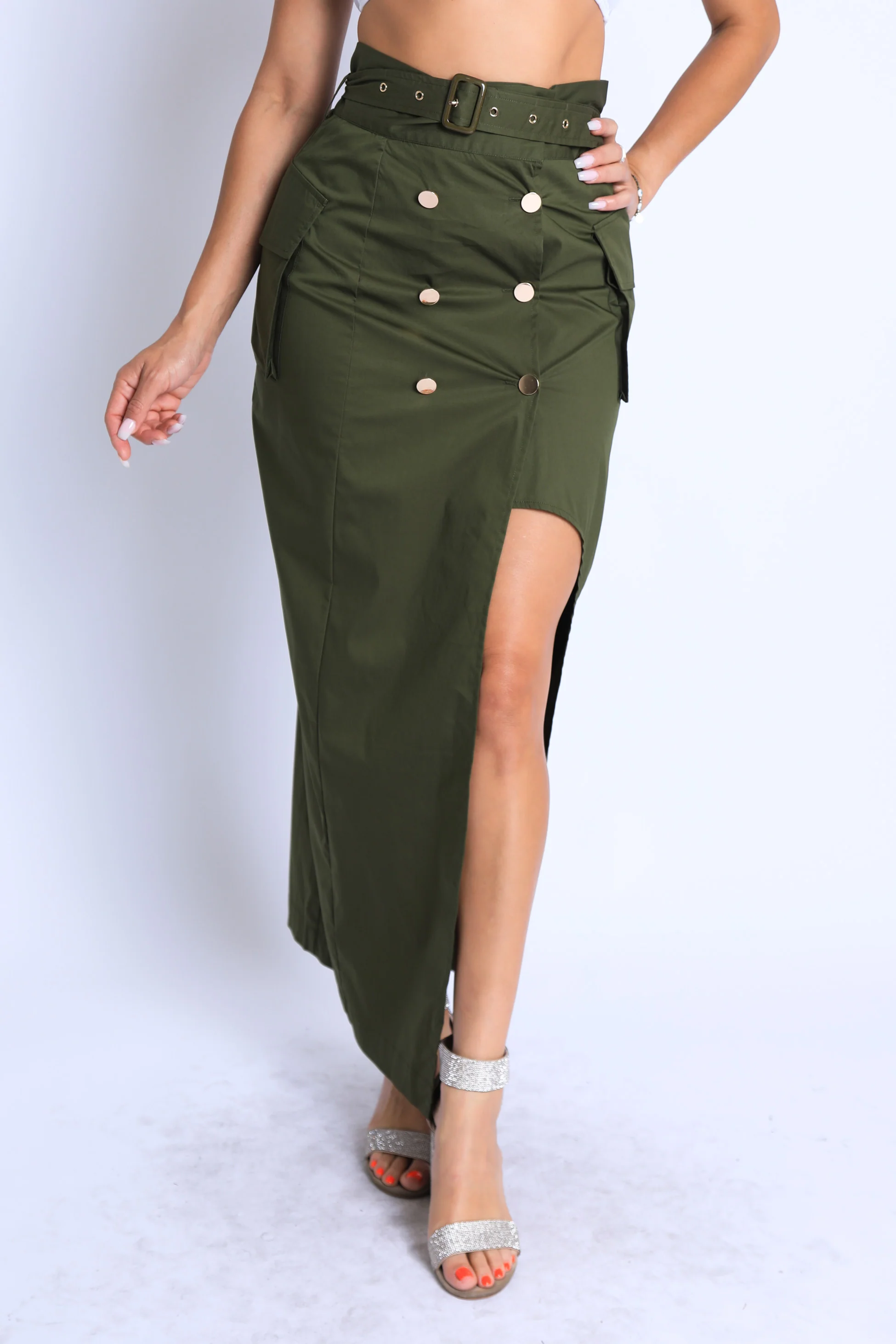Asymmetric Self Belted Pockets Detailed Maxi Skirt Formal Casual - Image 3