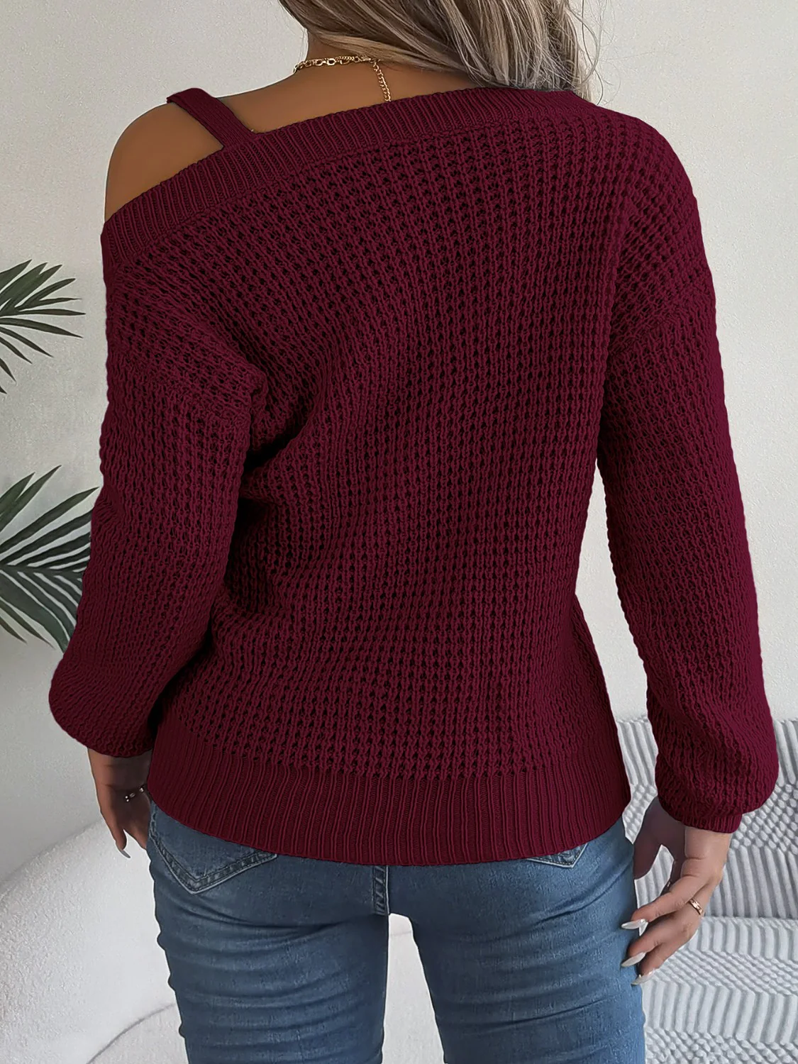 Asymmetrical Neck Long Sleeve Sweater - Image 2