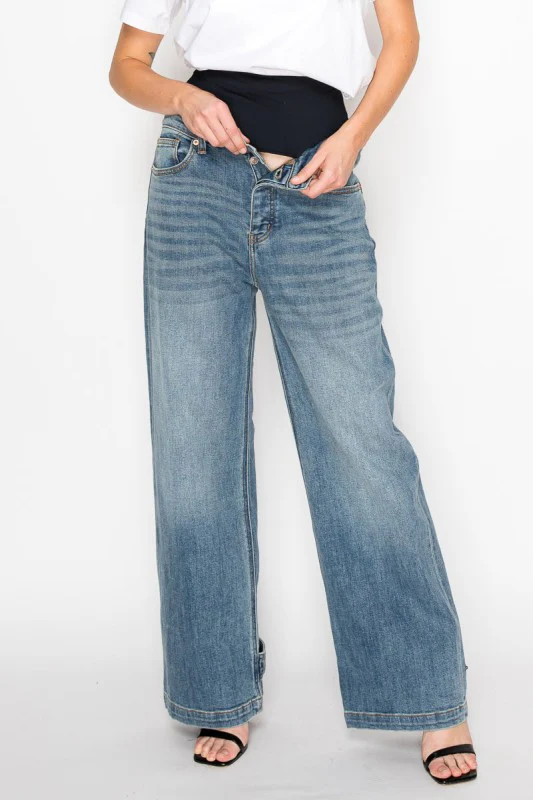 AT2076WDM Adjustable Hem Knit Band Wide Leg Jeans - Image 5