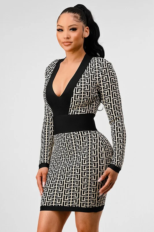 ATHINA BLACK AND WHITE PRINT BANDAGE DRESS - Image 4