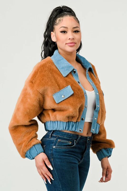 ATHINA CASUAL DENIM CONTRAST FUR CROP JACKET - Image 13