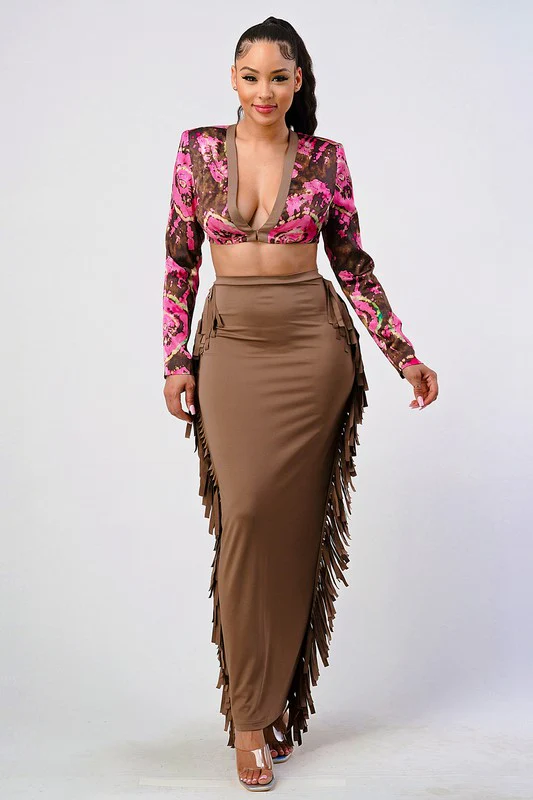 Athina floral print crop top and tassel skirt set - Image 2