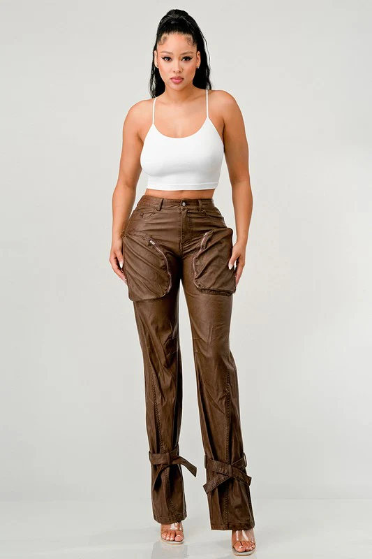 Athina PU Brown Cargo Pants - Image 2