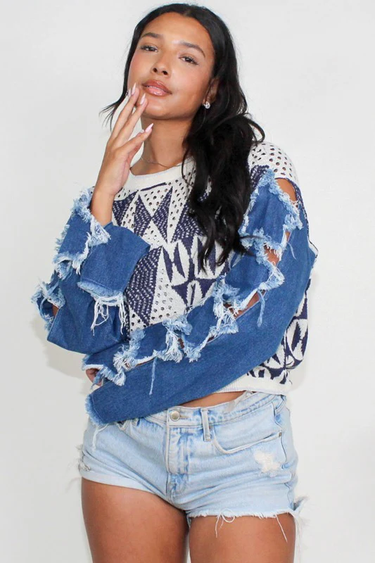 ATHINA STAR SLEEVE KNIT DENIM CONTRAST TOP - Image 3