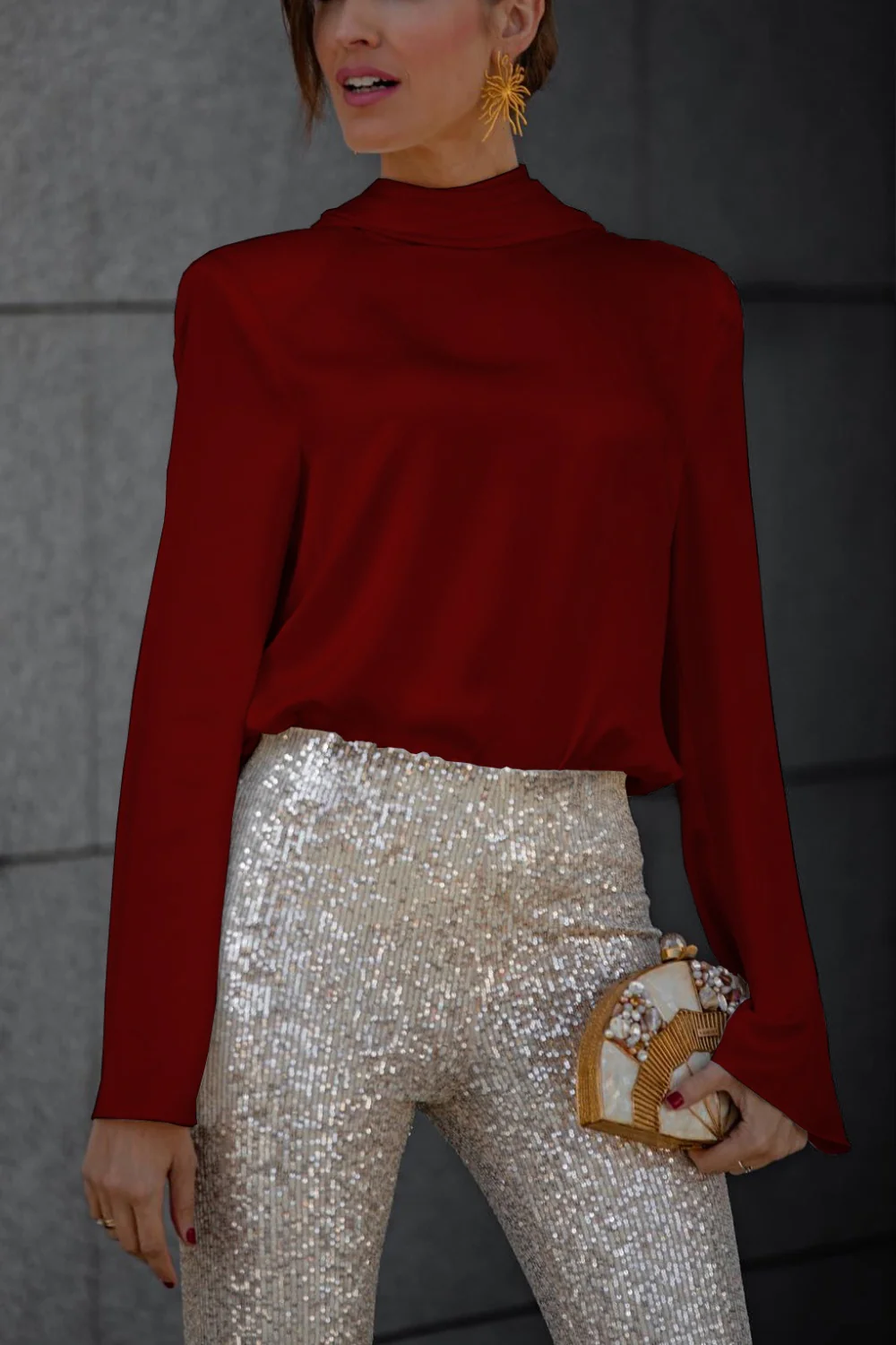 Backless Cowl Neck Long Sleeve Blouse - Image 4