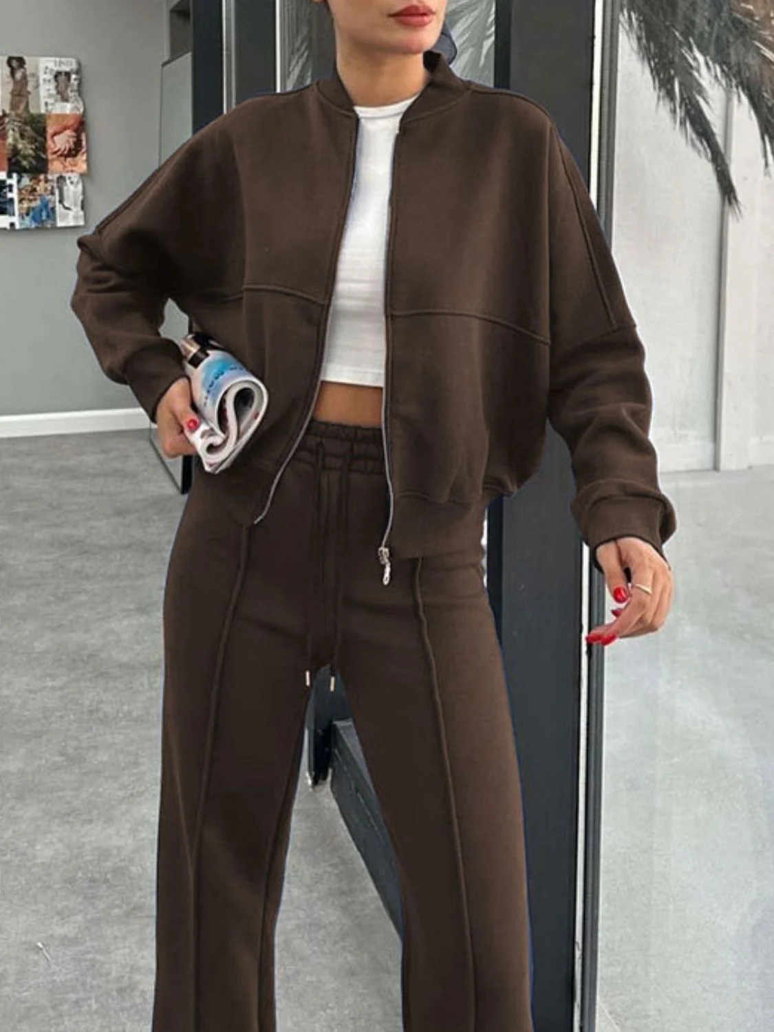 Baseball Collar Zip Up Outerwear and Drawstring Pants Set - Image 10