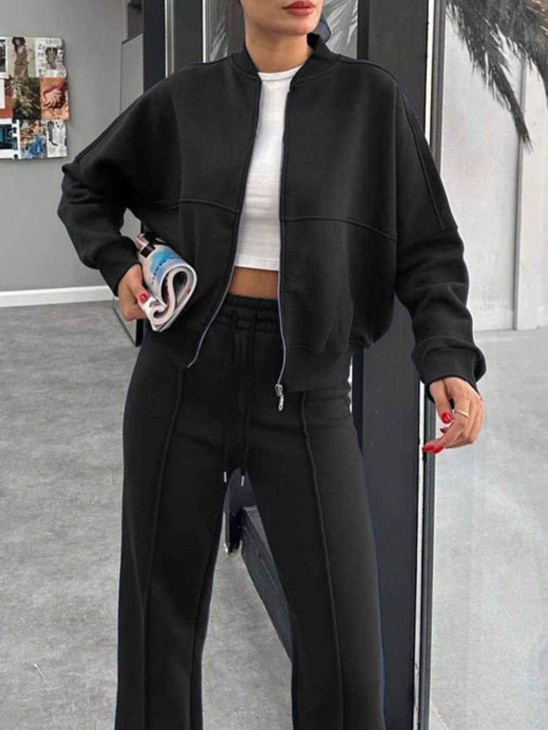 Baseball Collar Zip Up Outerwear and Drawstring Pants Set - Image 15