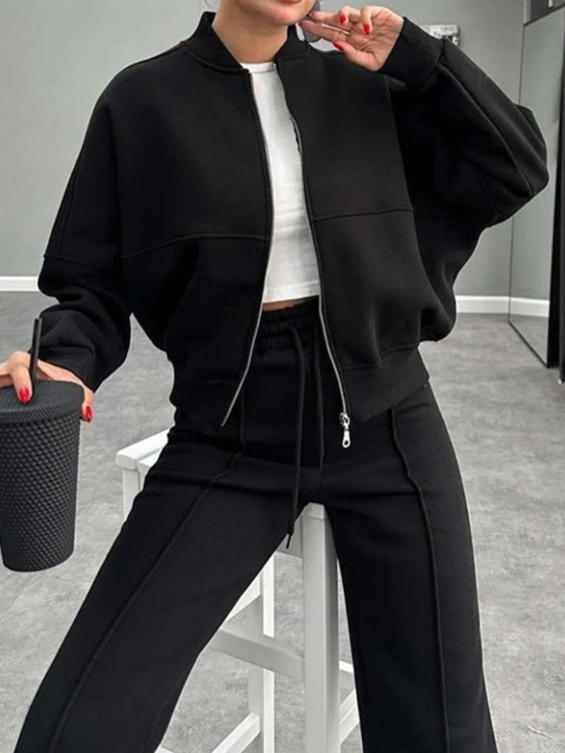 Baseball Collar Zip Up Outerwear and Drawstring Pants Set - Image 16