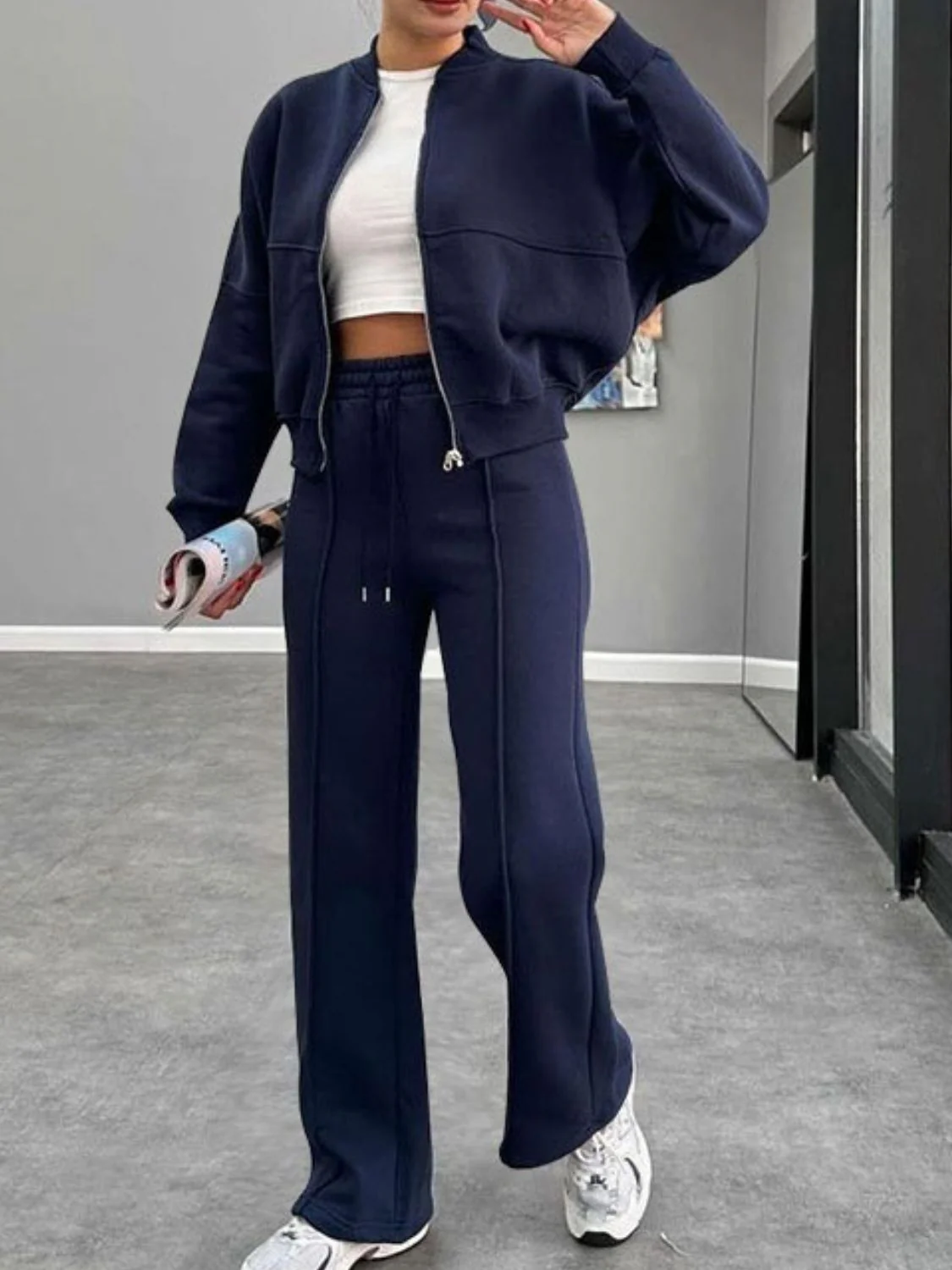 Baseball Collar Zip Up Outerwear and Drawstring Pants Set - Image 19