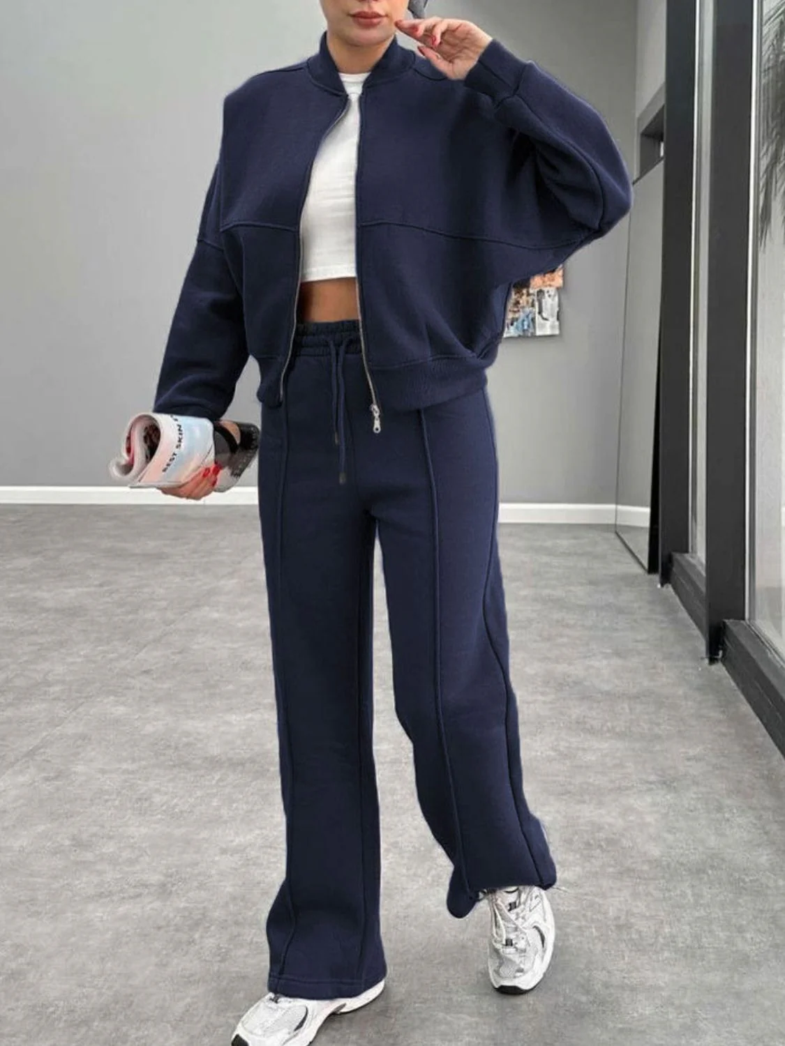 Baseball Collar Zip Up Outerwear and Drawstring Pants Set - Image 23