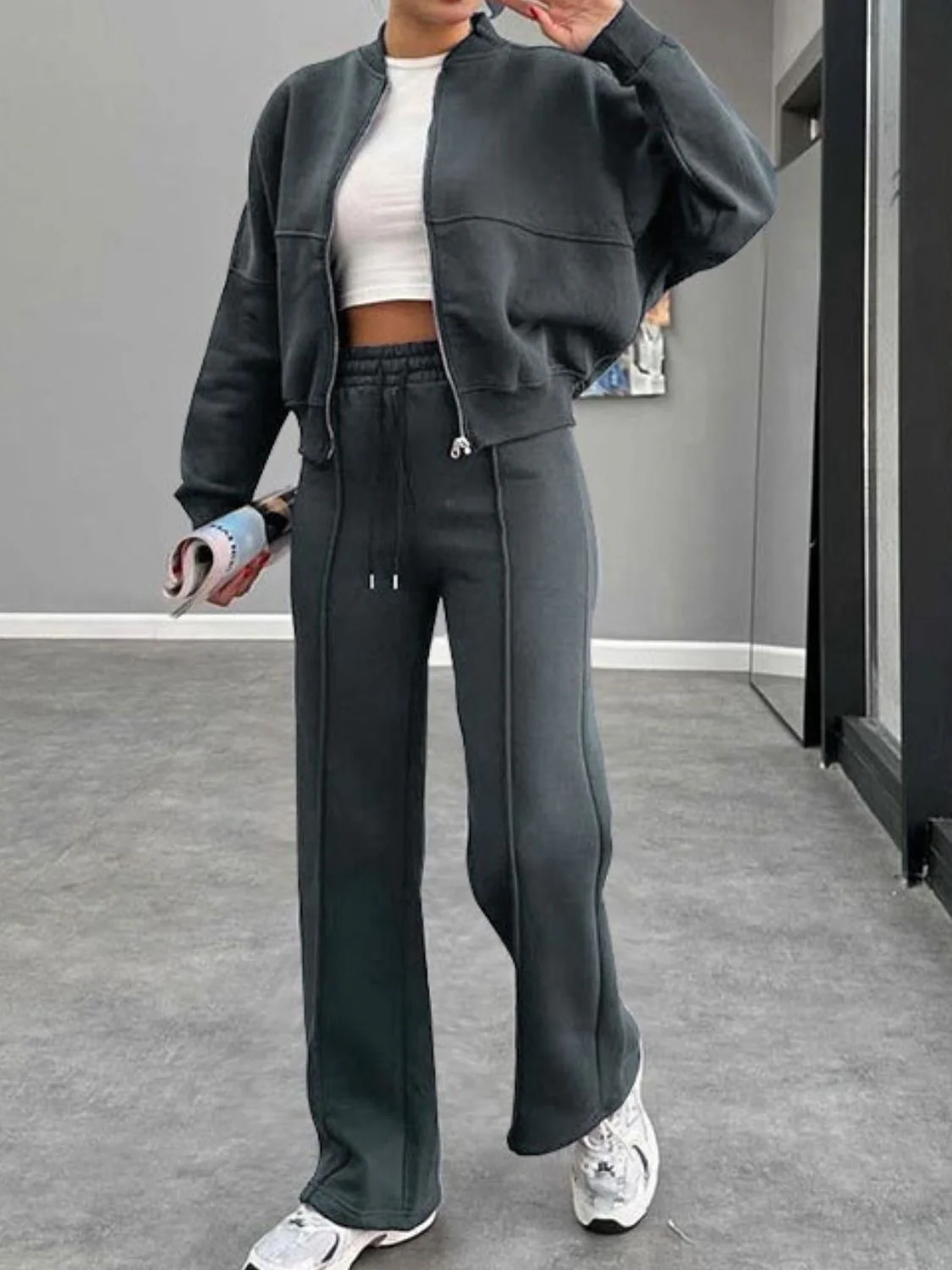 Baseball Collar Zip Up Outerwear and Drawstring Pants Set - Image 24