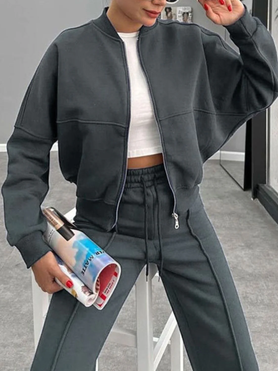 Baseball Collar Zip Up Outerwear and Drawstring Pants Set - Image 25