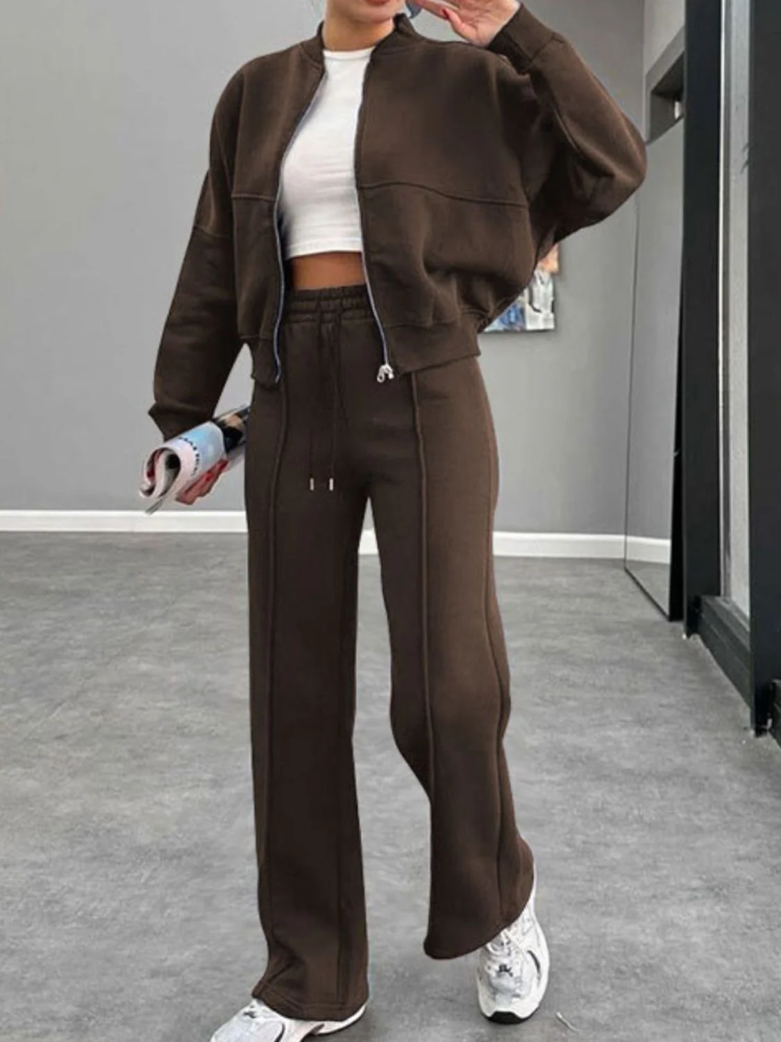 Baseball Collar Zip Up Outerwear and Drawstring Pants Set - Image 8