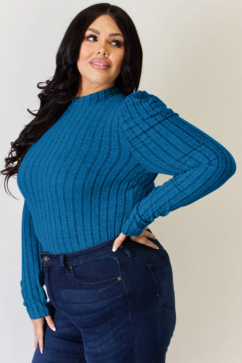 Basic Bae Full Size Ribbed Mock Neck Puff Sleeve T-Shirt - Image 13
