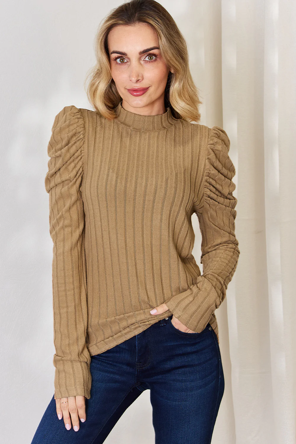 Basic Bae Full Size Ribbed Mock Neck Puff Sleeve T-Shirt - Image 24