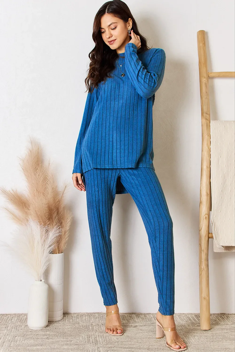 Basic Bae Full Size Ribbed Round Neck High-Low Slit Top and Pants Set - Image 12