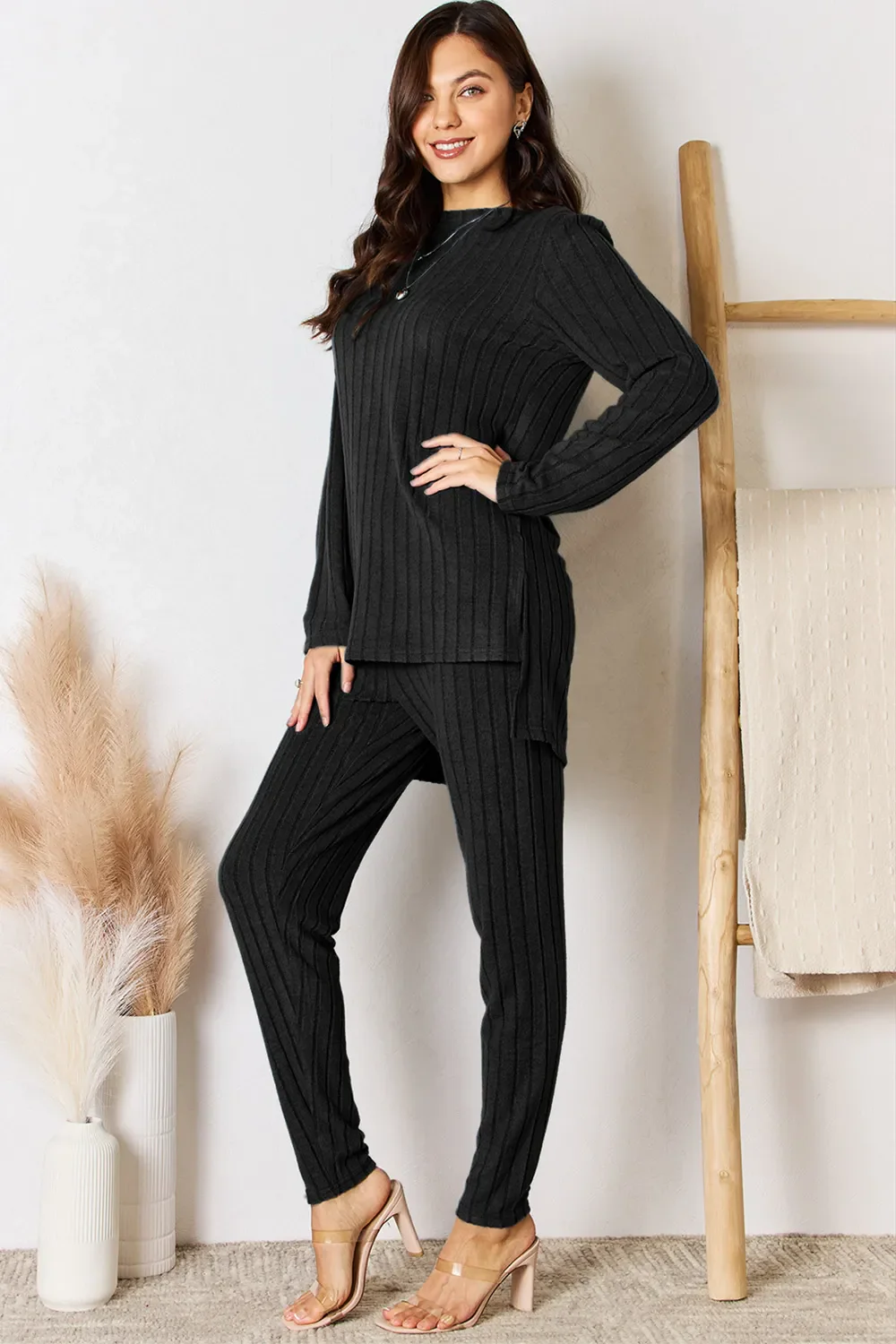 Basic Bae Full Size Ribbed Round Neck High-Low Slit Top and Pants Set - Image 5